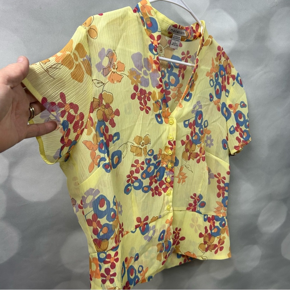 Notations yellow, orange, blue and purple floral button down sheer top - Picture 4 of 6
